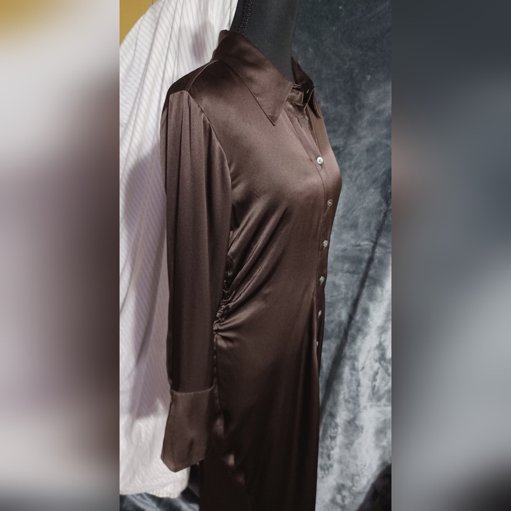 NWT Banana Republic Enchant Silk Dress Size Medium Petite In Roasted Cacao Brown